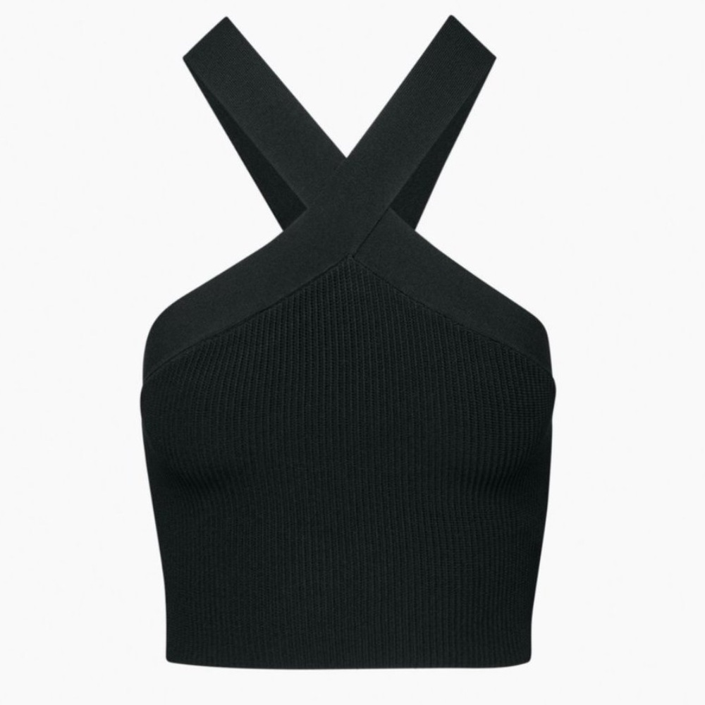 Aritzia Babaton Black Womens Sculpt Knit Criss Cross Strap Halter Crop Top Large